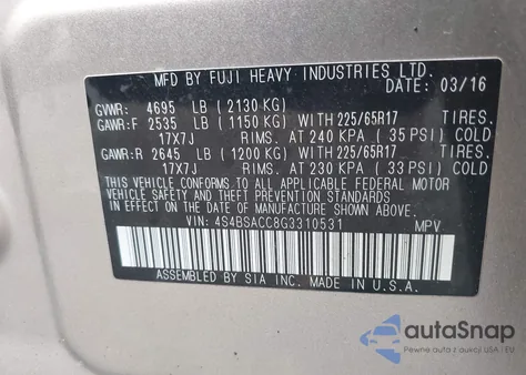 2016 Subaru Outback 2.5I Premium из США, поврежденный, VIN 4S4BSACC8G3310531